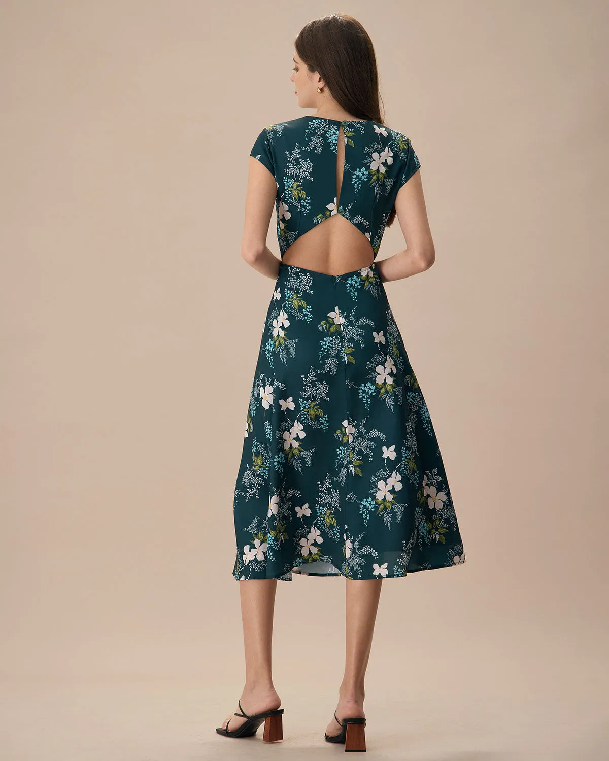 The Green Round Neck Cutout Floral Midi Dress