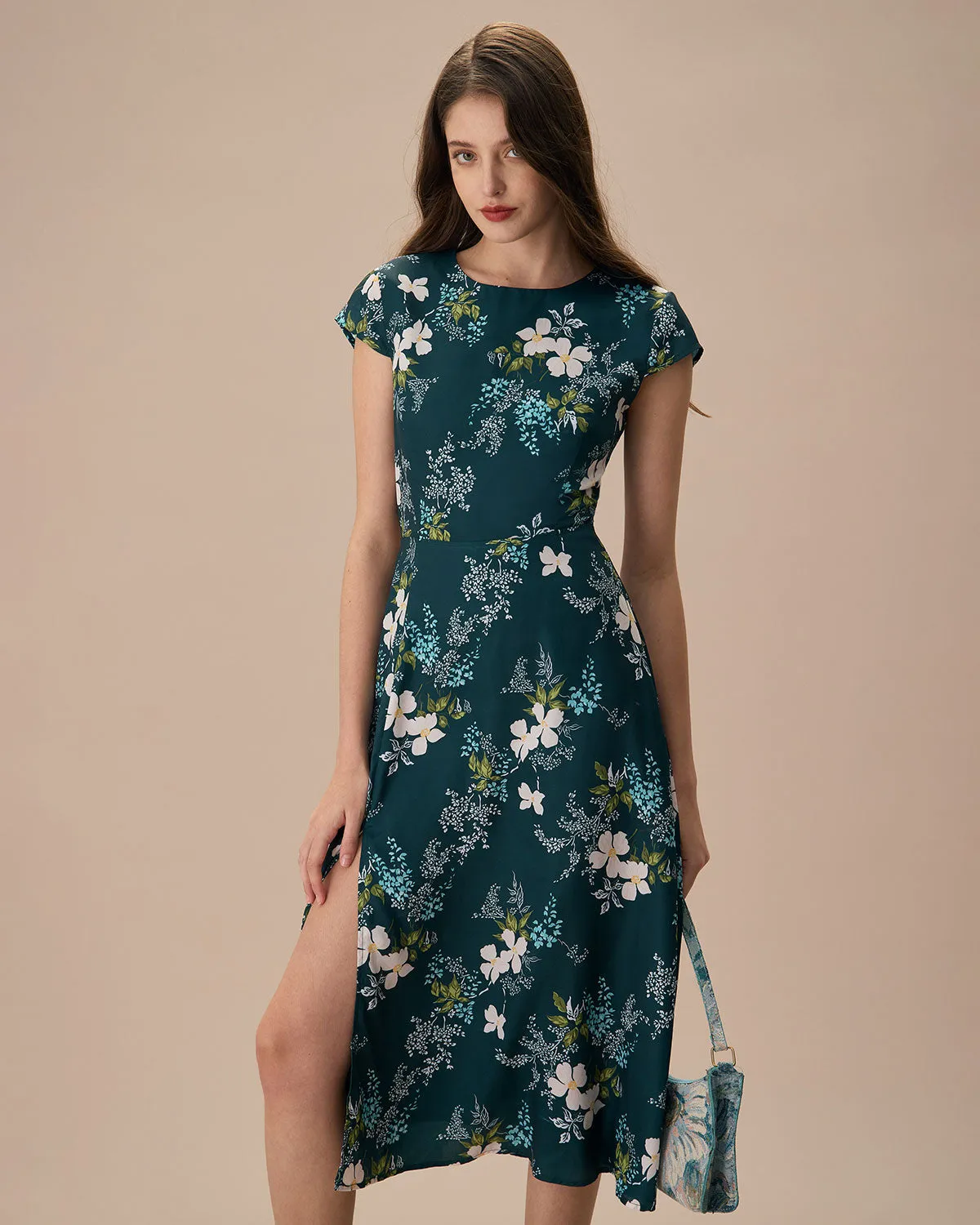 The Green Round Neck Cutout Floral Midi Dress