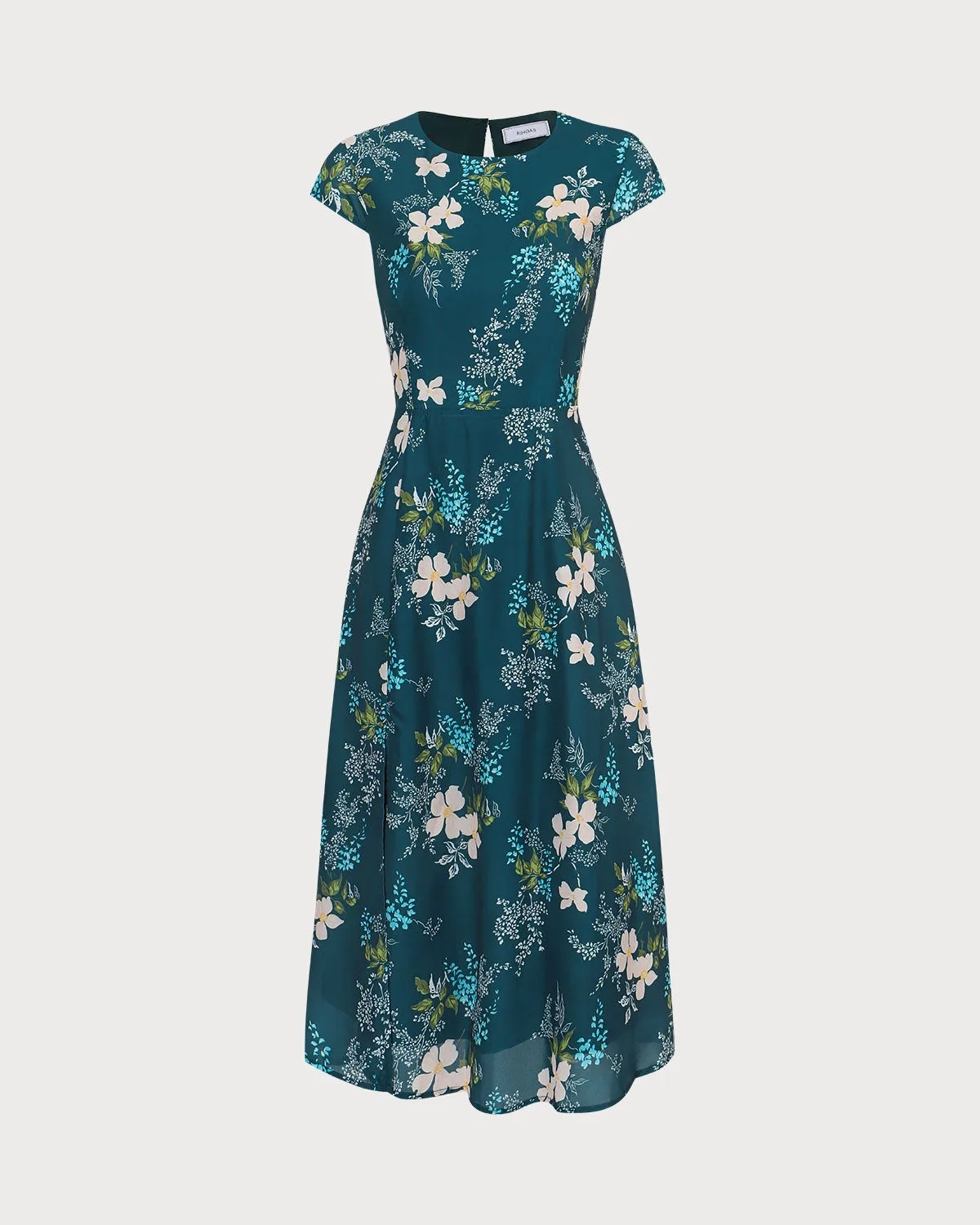 The Green Round Neck Cutout Floral Midi Dress