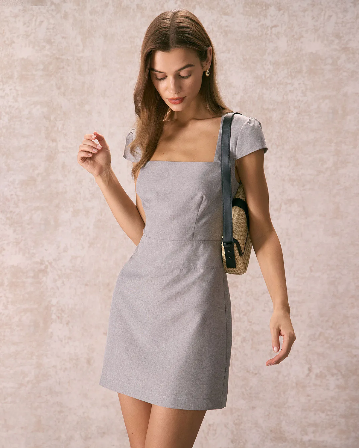 The Grey Square Neck Cap Sleeve Mini Dress