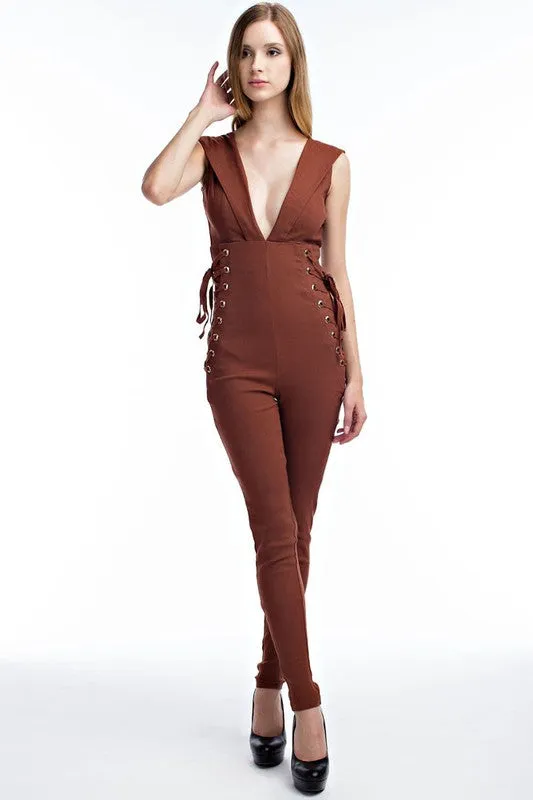 THE MYSTYLEMODE BRICK WITH DEEP SIDE LACE UP JUMPSUIT