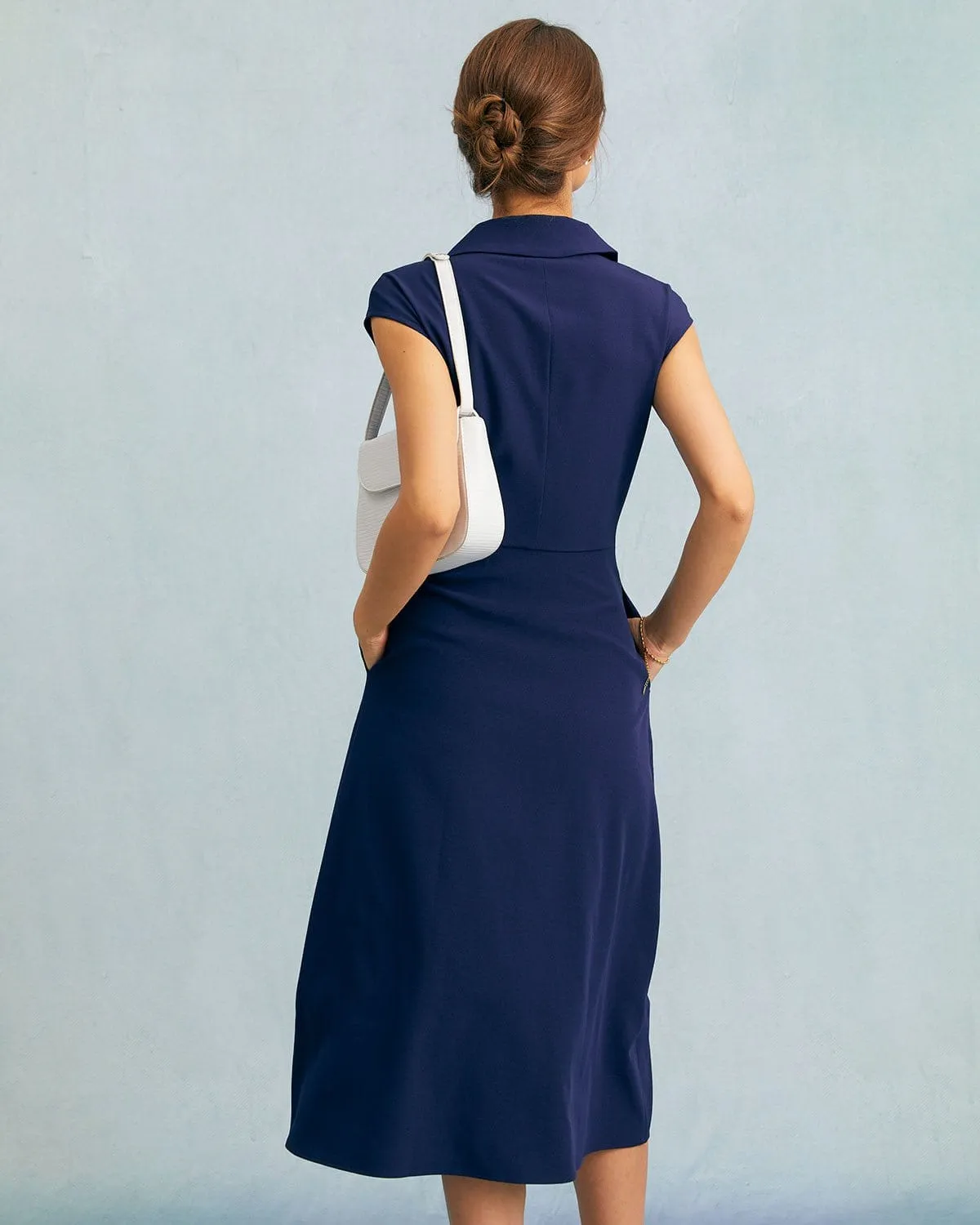 The Navy V Neck Button Cap Sleeve Midi Dress