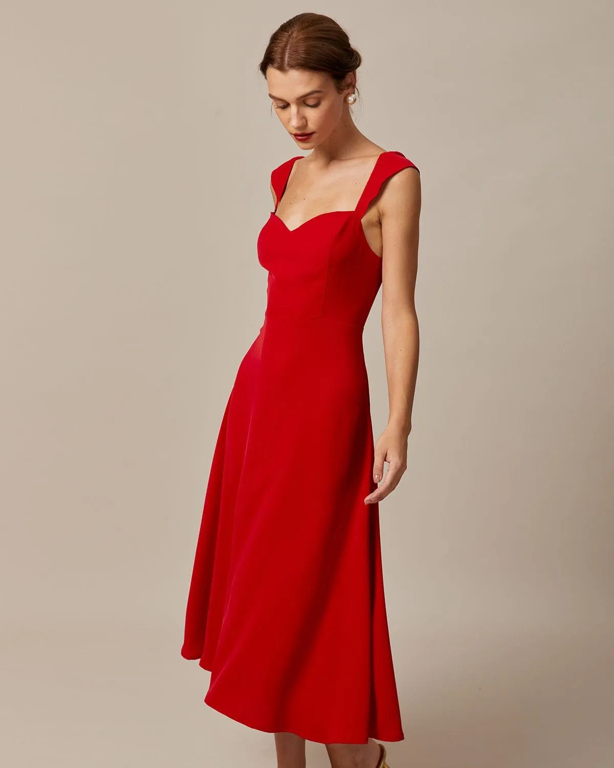 The Red Sweetheart Neck Cap Sleeve Midi Dress