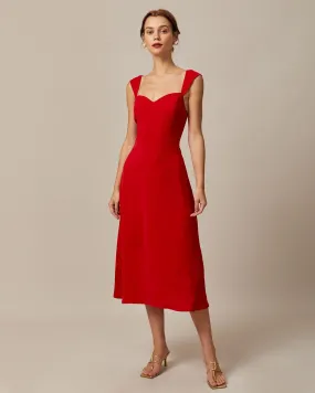 The Red Sweetheart Neck Cap Sleeve Midi Dress