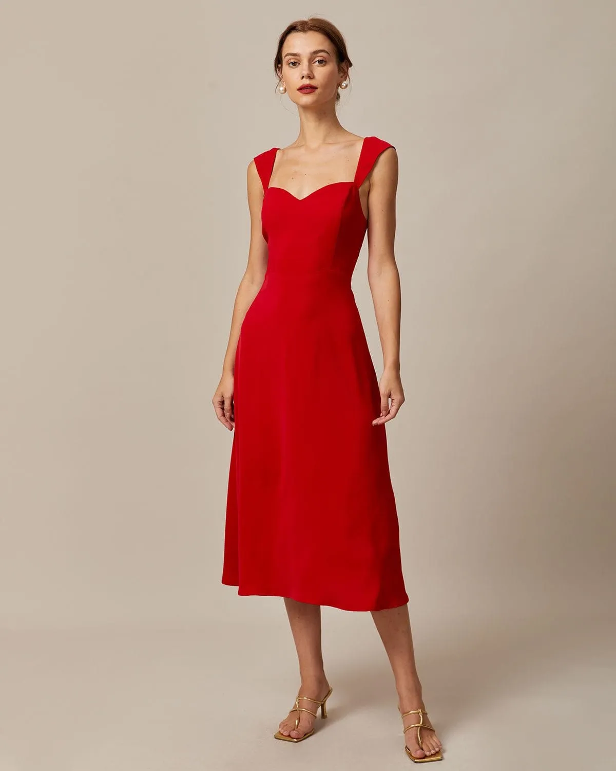 The Red Sweetheart Neck Cap Sleeve Midi Dress