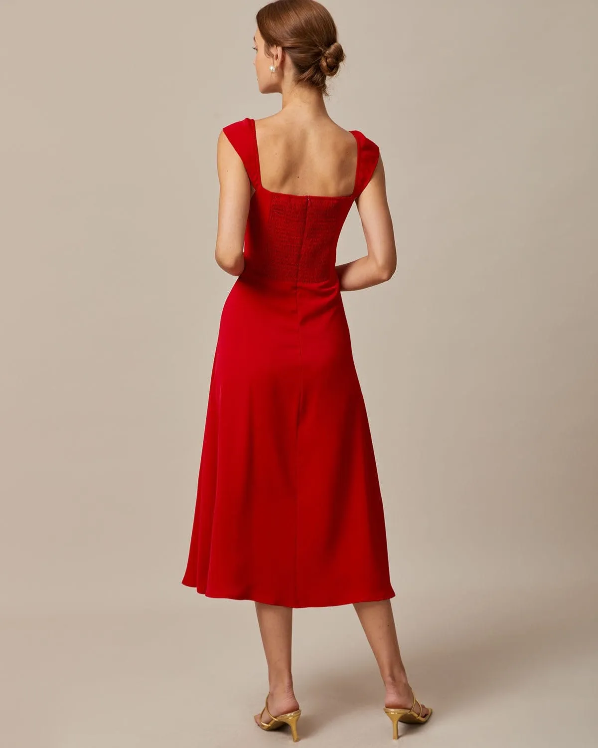 The Red Sweetheart Neck Cap Sleeve Midi Dress