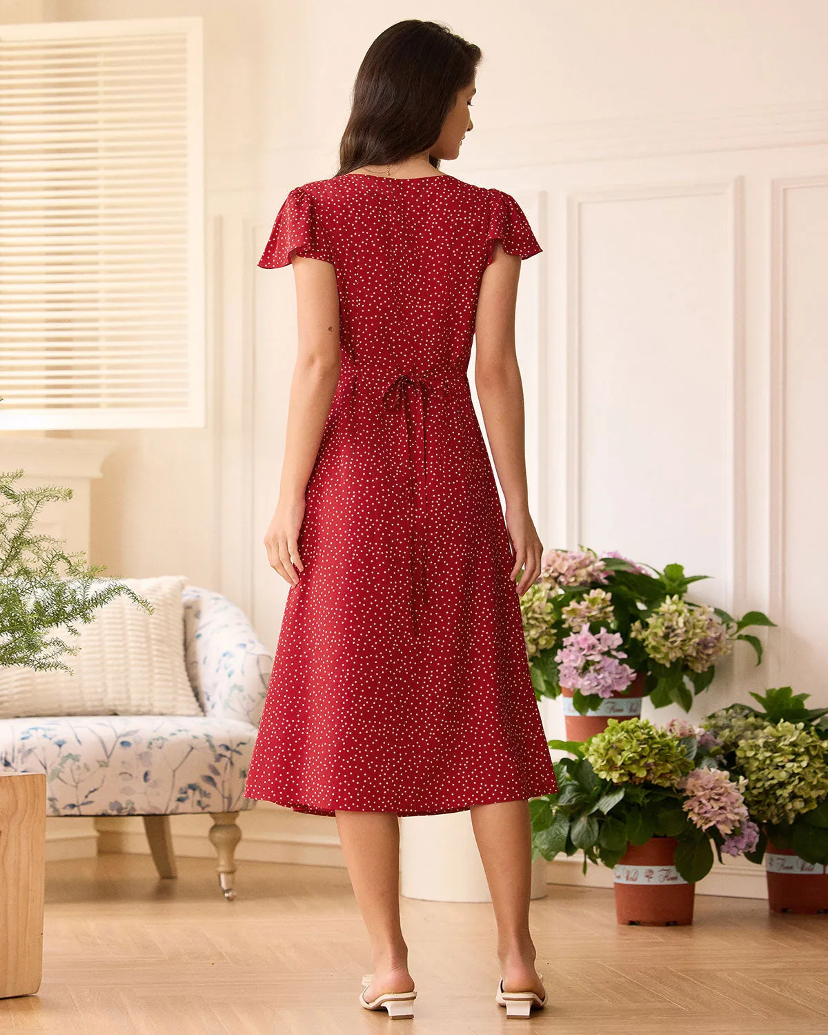 The Red U Neck Polka Dot Midi Dress