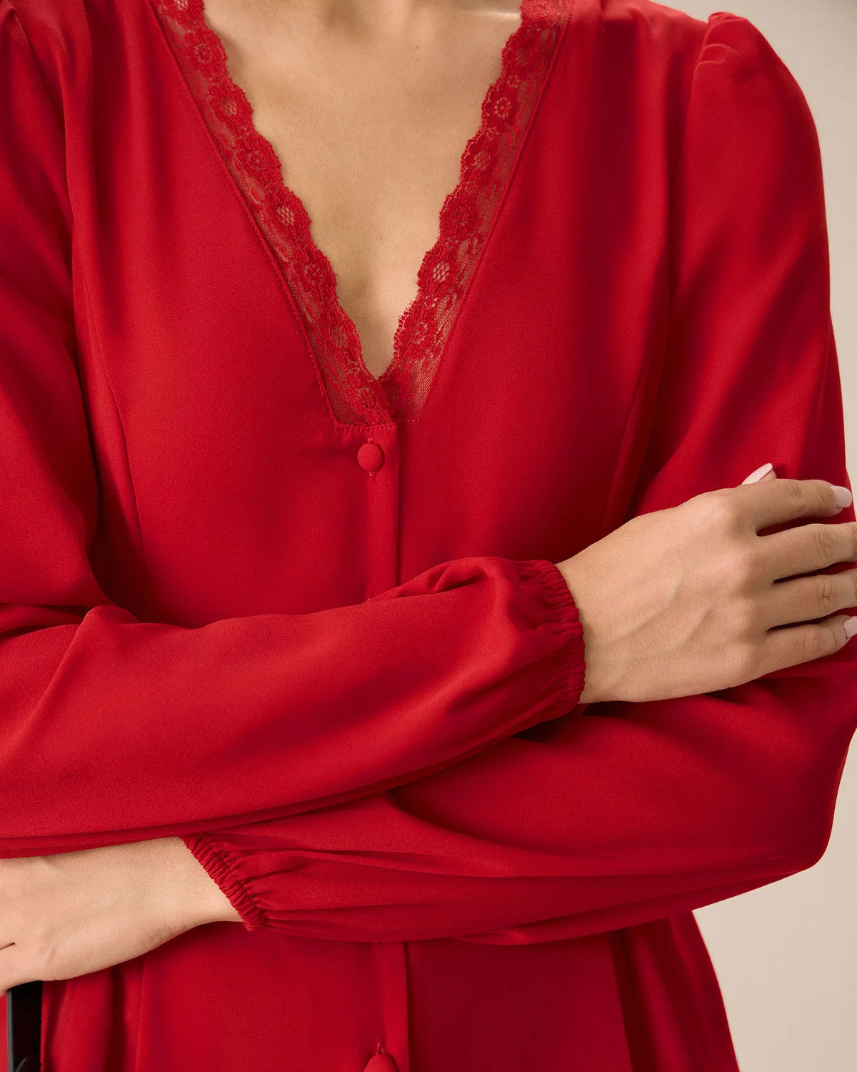 The Red V Neck Lace Trim Button Blouse