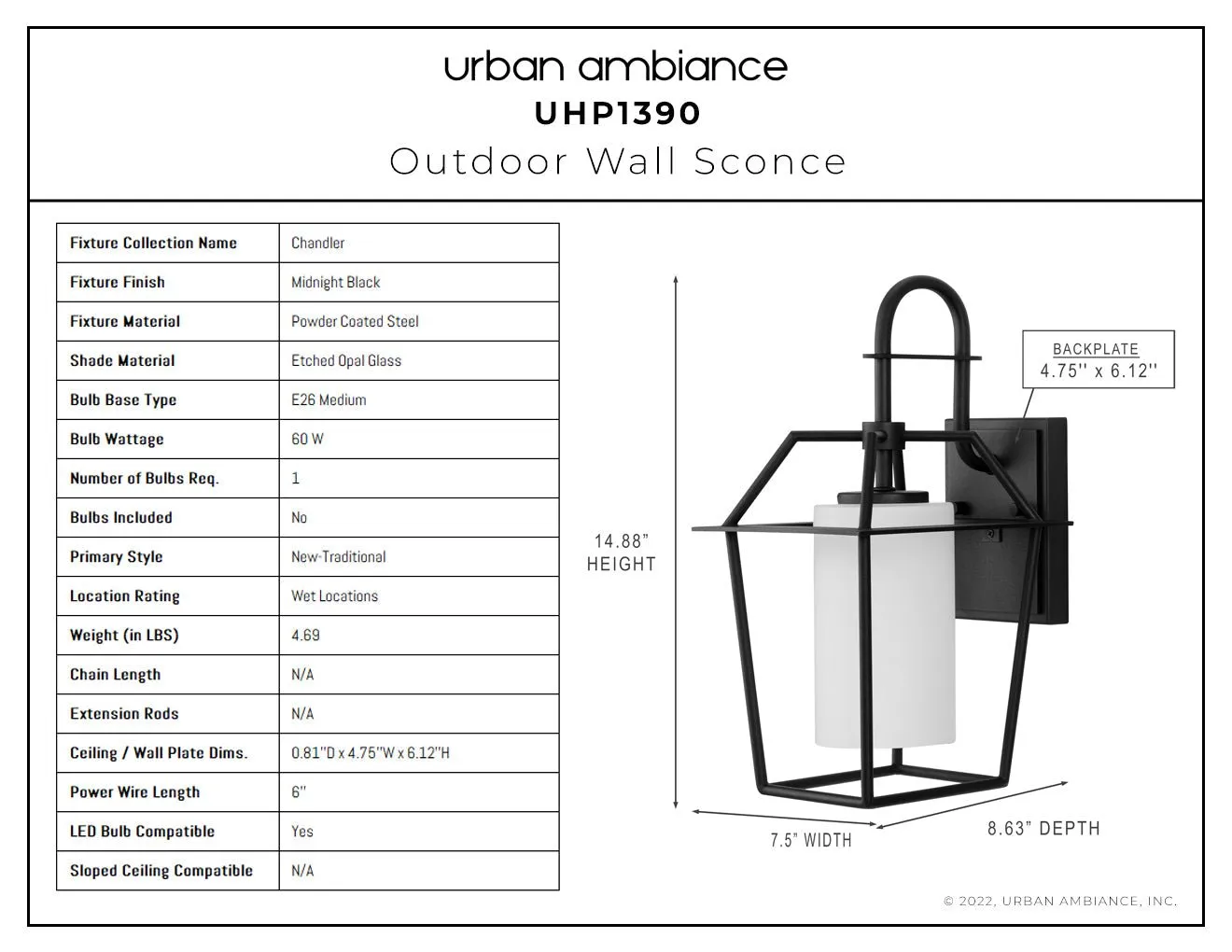 UHP1390 Minimalist Outdoor Wall Sconce 14.875''H x 7.5''W, Midnight Black Finish, Chandler Collection