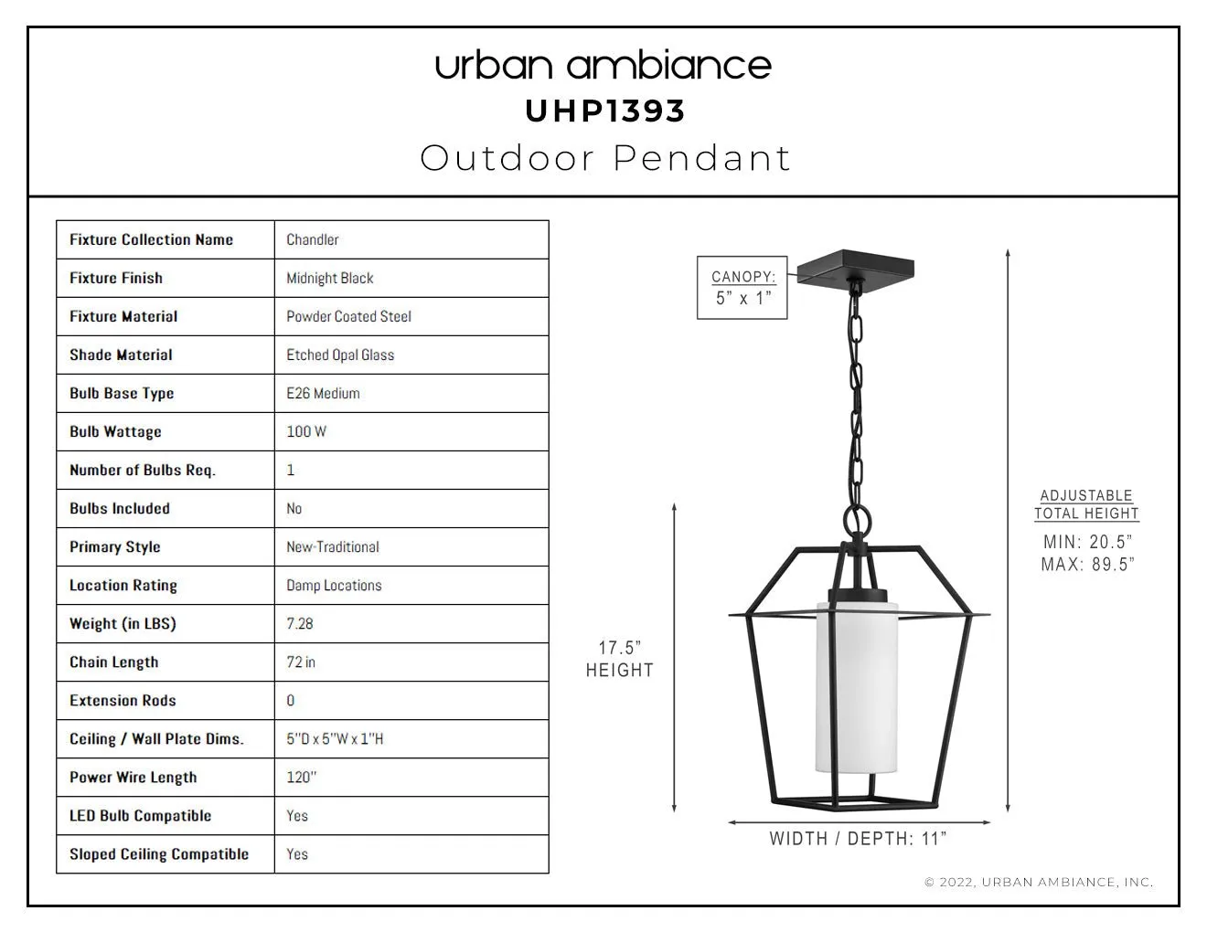 UHP1393 Minimalist Outdoor Pendant 17.5''H x 11''W, Midnight Black Finish, Chandler Collection