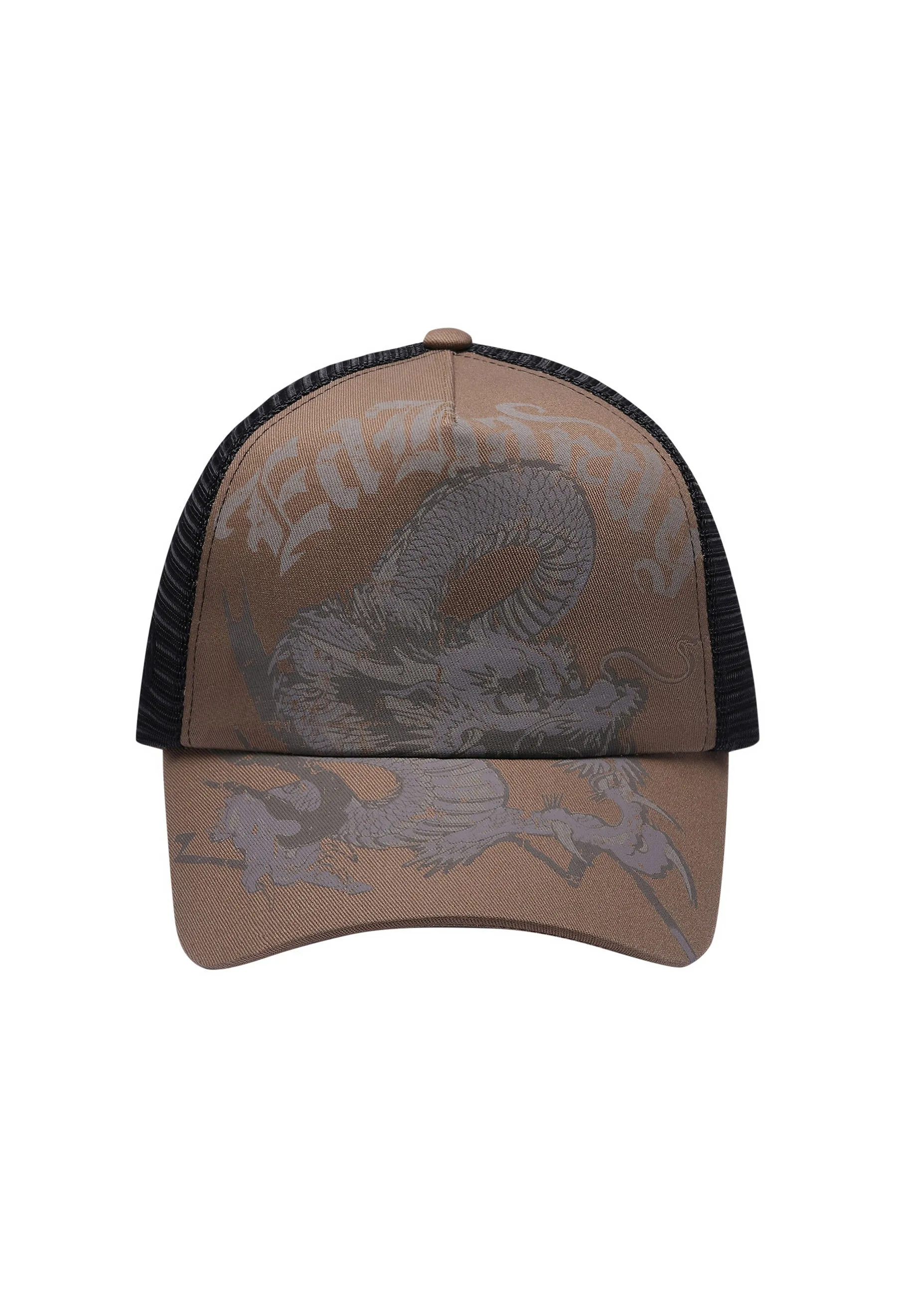 Unisex Goth Dragon Twill Front Mesh Trucker - Brown/Black