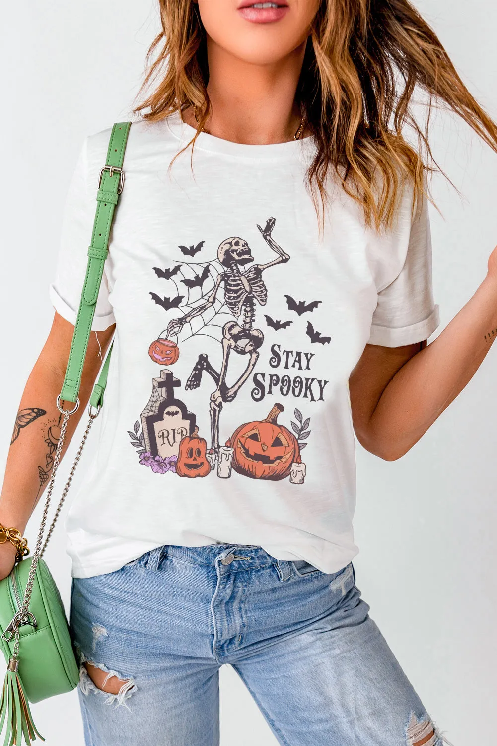 White Skull Pumpkin Face STAY SPOOKY Graphic Halloween T Shirt