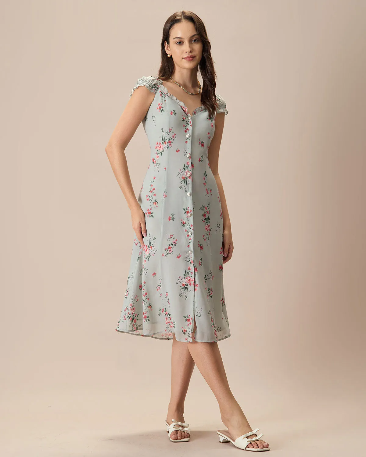 Women's Green V-Neck Floral Midi Dress