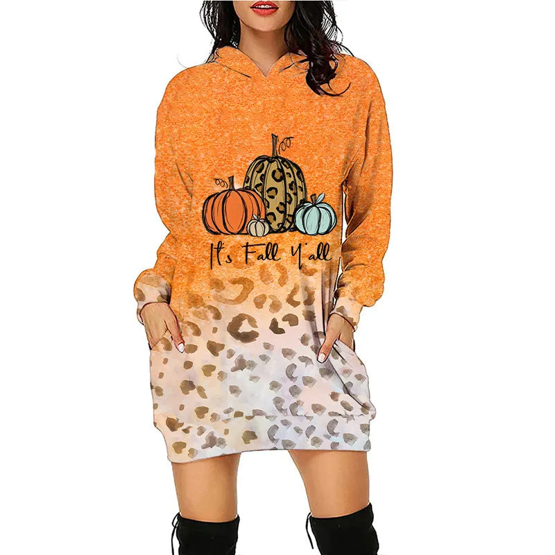 Women's Pumpkin Print Long Line Halloween Hoodie