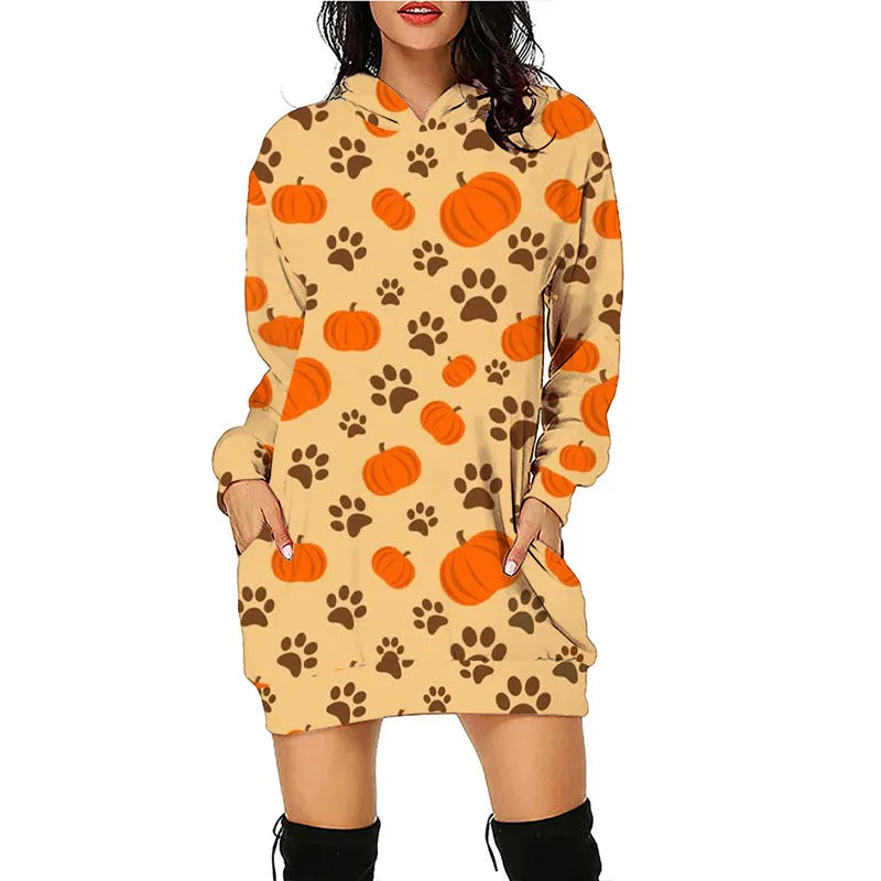 Women's Pumpkin Print Long Line Halloween Hoodie