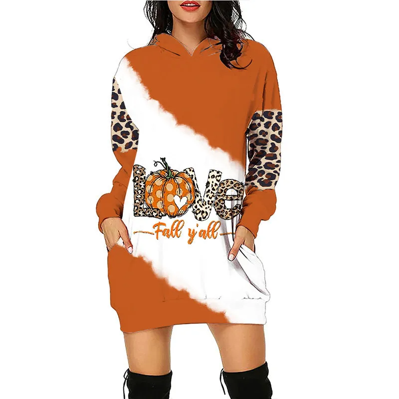 Women's Pumpkin Print Long Line Halloween Hoodie