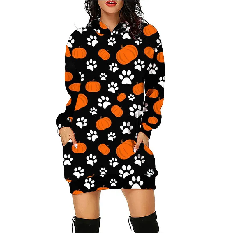 Women's Pumpkin Print Long Line Halloween Hoodie